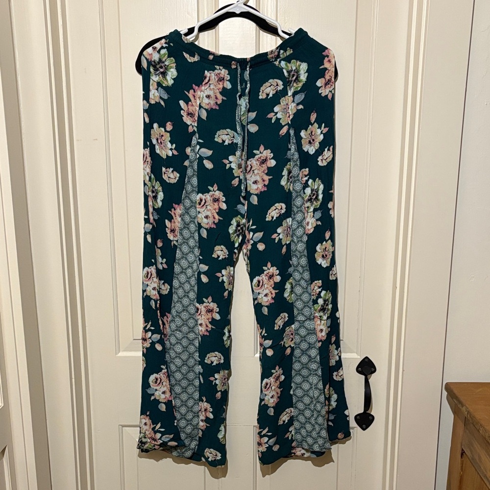 Xhilaration Floral Wide Leg Pants - Dark Green and Light Pink
